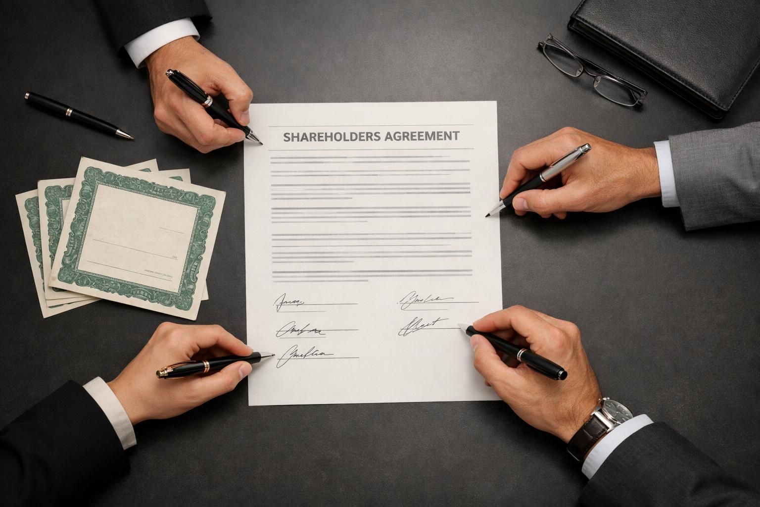 Actionnaires d'une SAS signant un pacte confidentiel autour d'une table de réunion