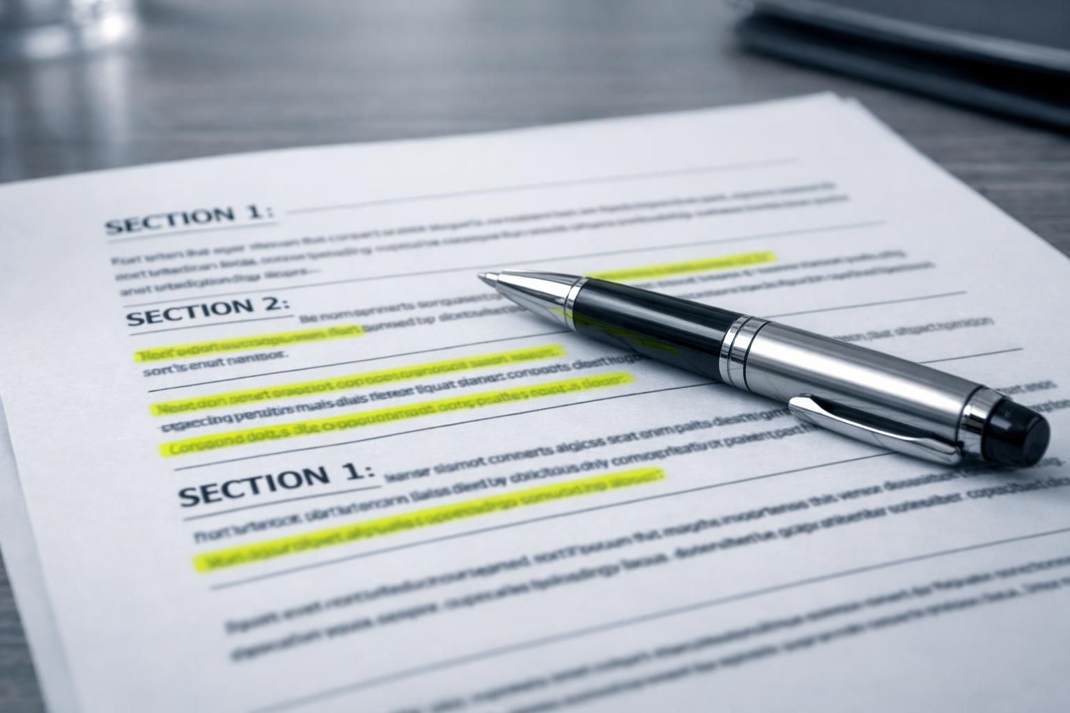 Document de pacte d'associés avec des clauses surlignées et un stylo sur une table de réunion