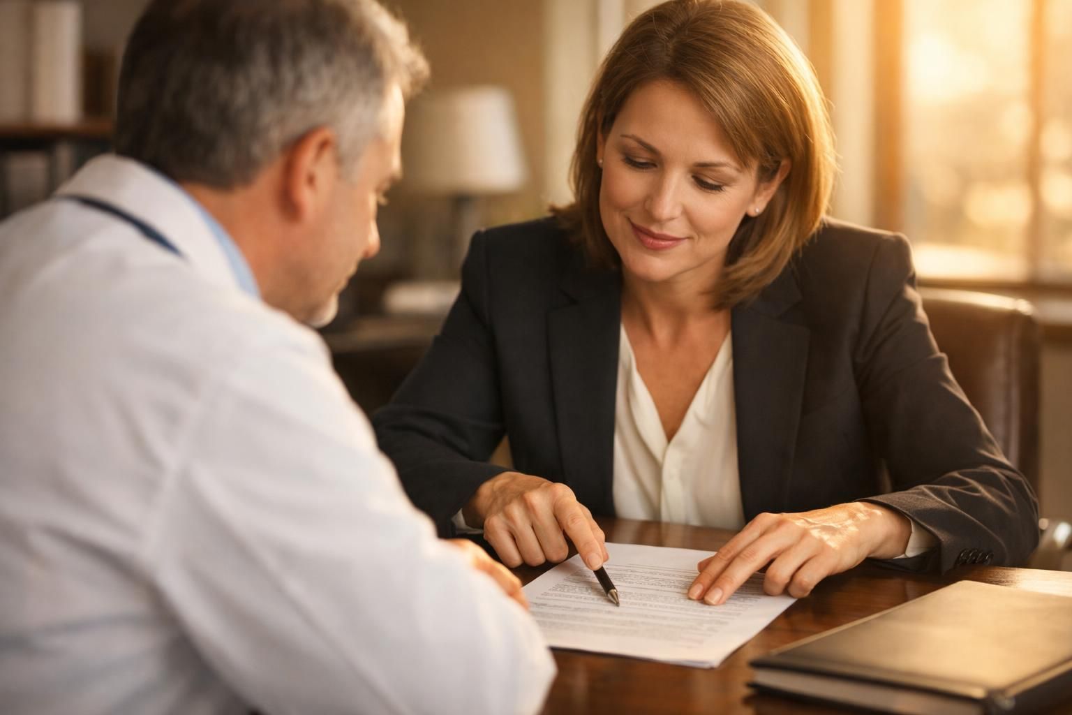 Avocate détaillant les clauses d'un pacte à un médecin lors d'un rendez-vous, lumière chaude