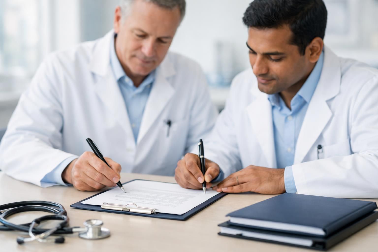Deux médecins associés signant un pacte dans un cabinet médical, dossiers sur la table