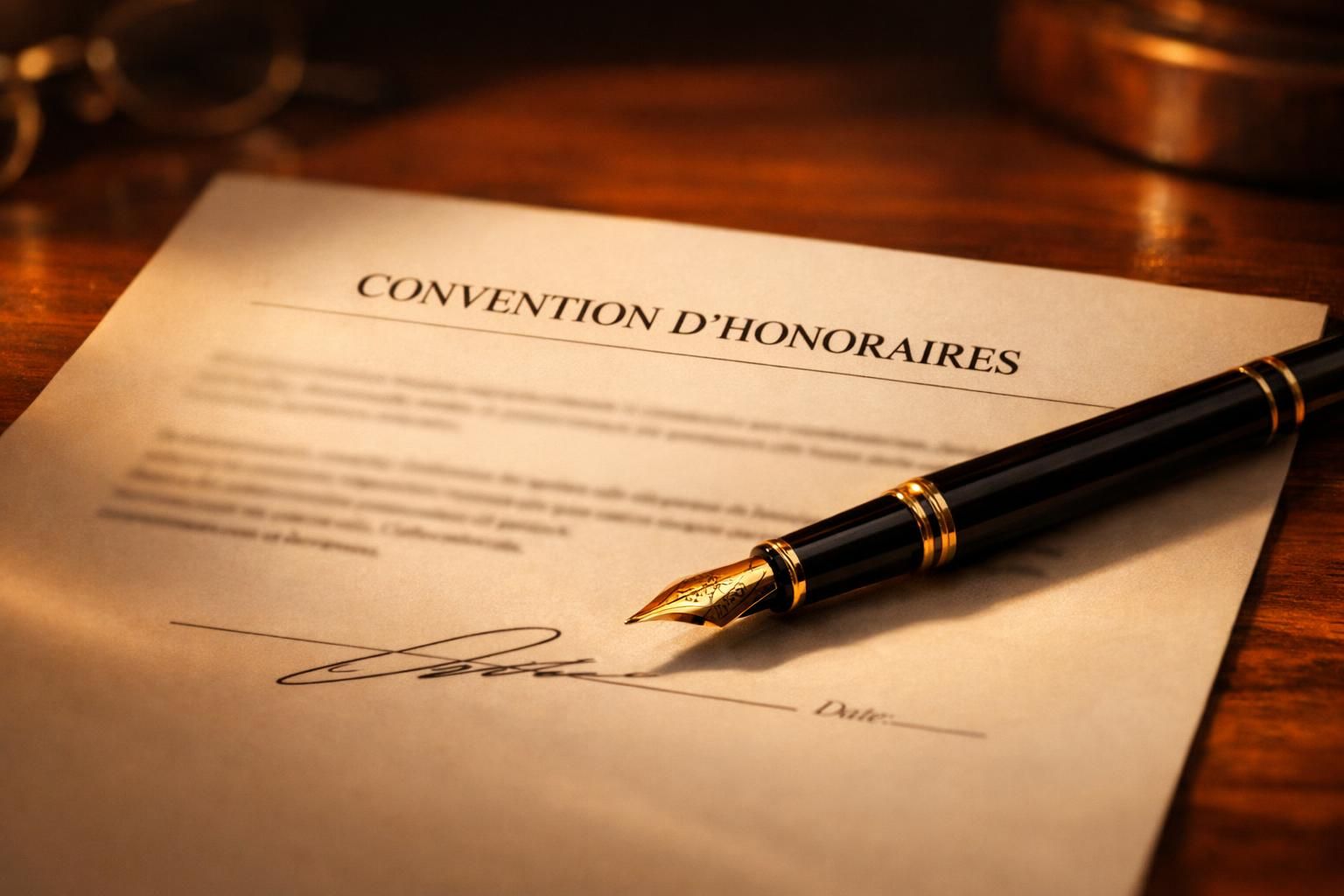 Convention d'honoraires signée avec un stylo posé dessus, lumière chaude
