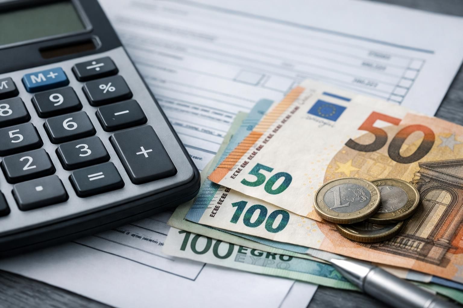 Calculatrice, billets en euros et document fiscal sur un bureau d'avocat