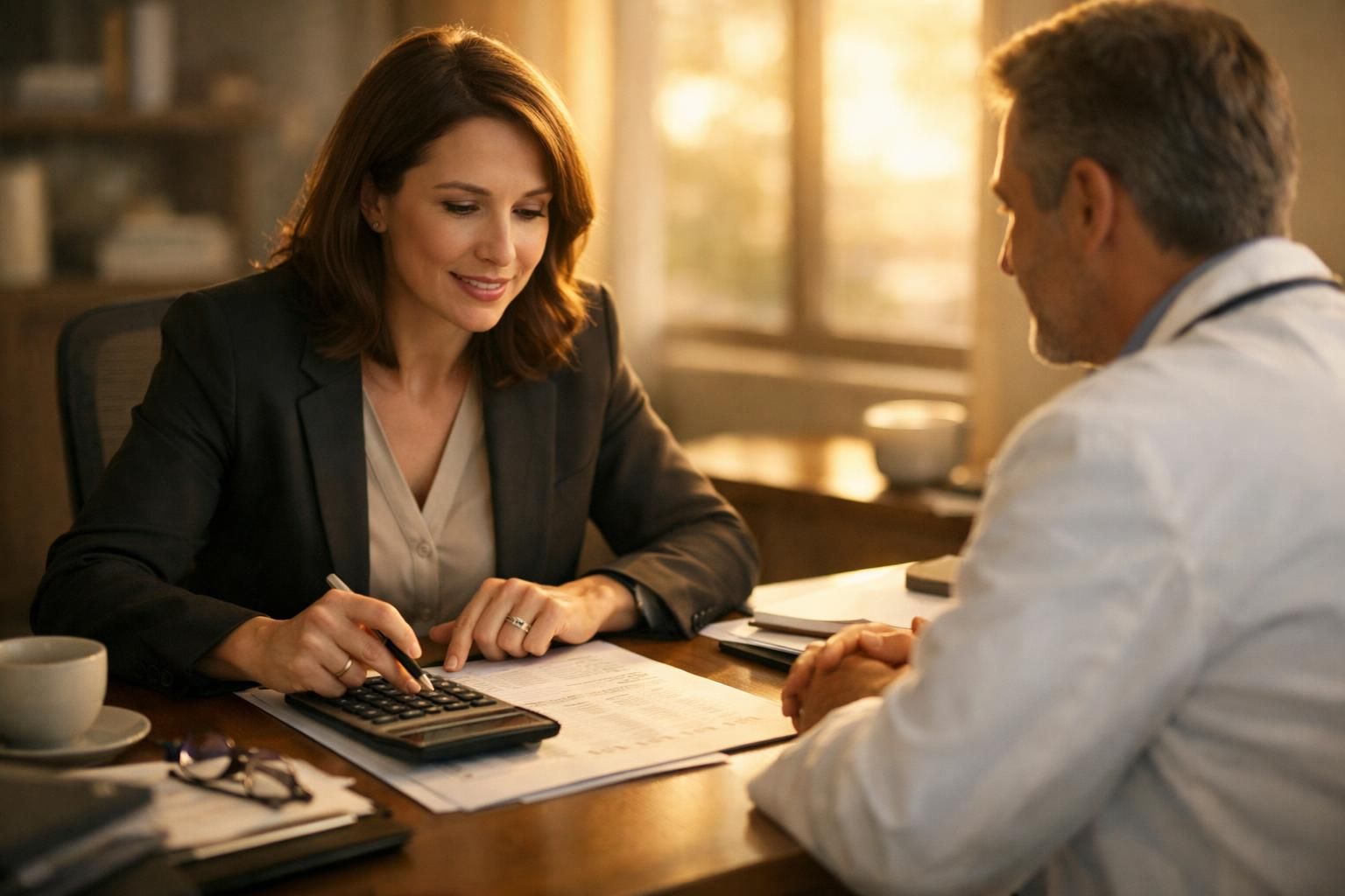 Avocate fiscaliste calculant l'arbitrage rémunération-dividendes d'un médecin, lumière chaude