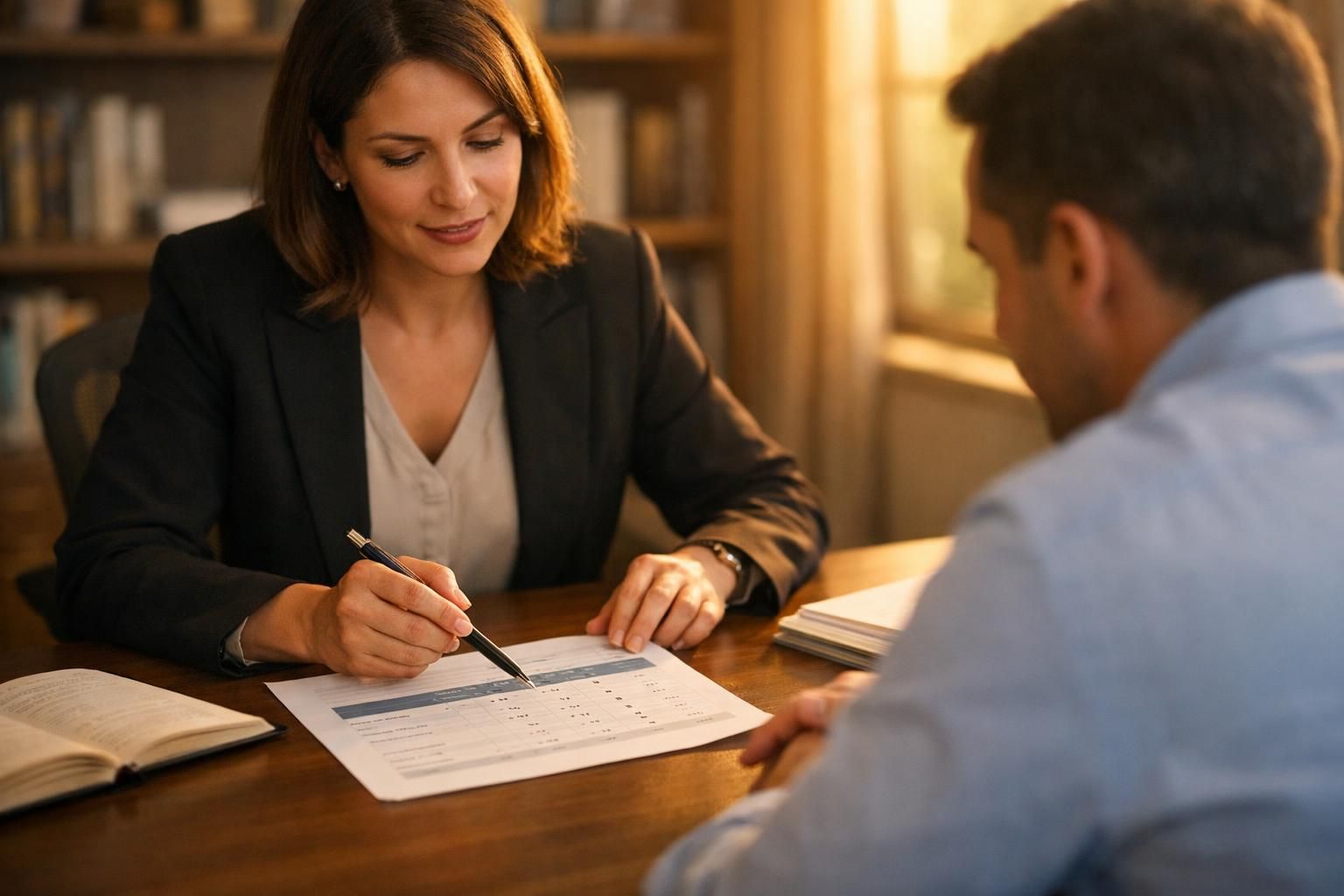Avocate fiscaliste comparant les formes de SEL sur un document avec un professionnel libéral, lumière chaude