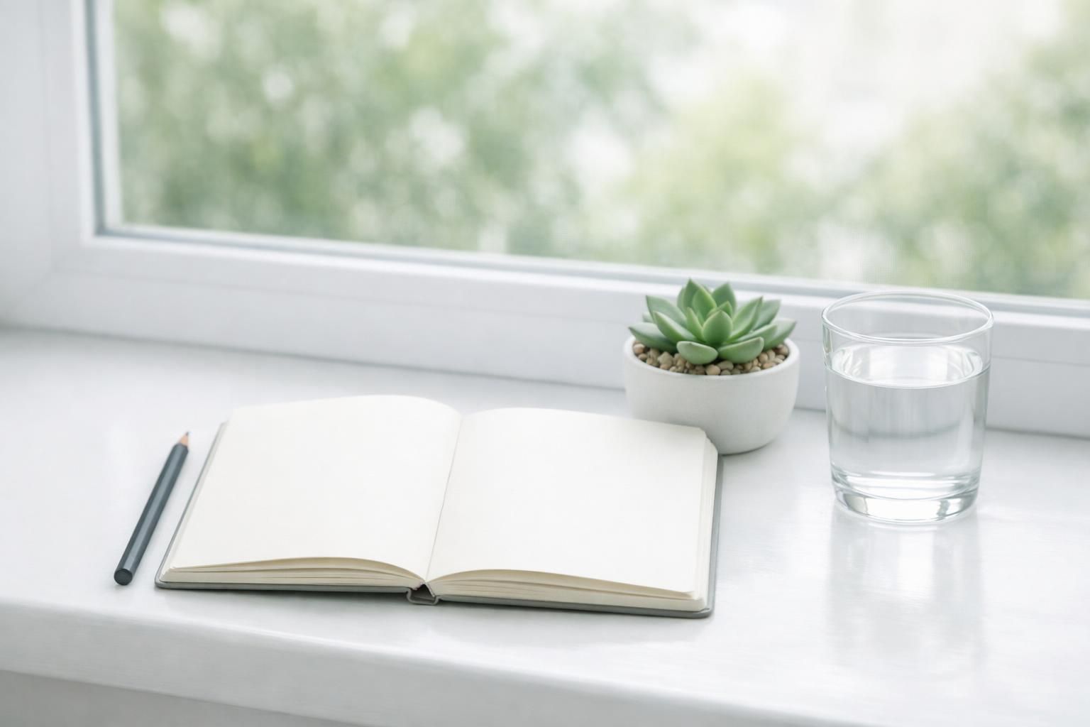 Carnet ouvert, crayon et plante grasse sur un rebord de fenêtre lumineux