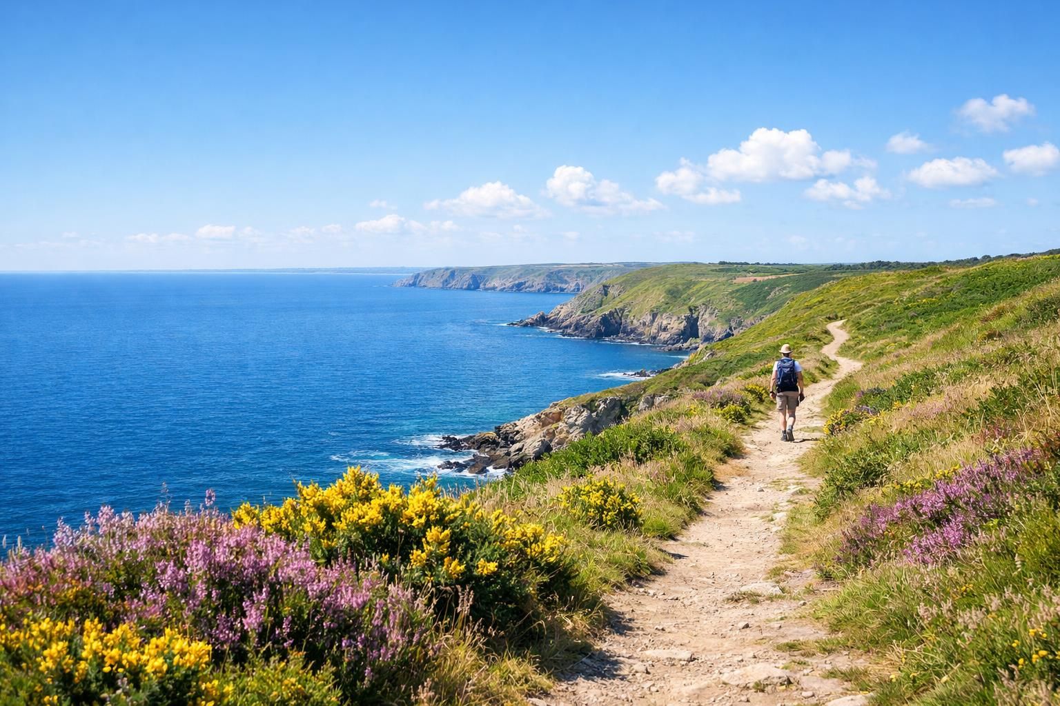 Randonneur sur un sentier côtier breton au-dessus de la mer