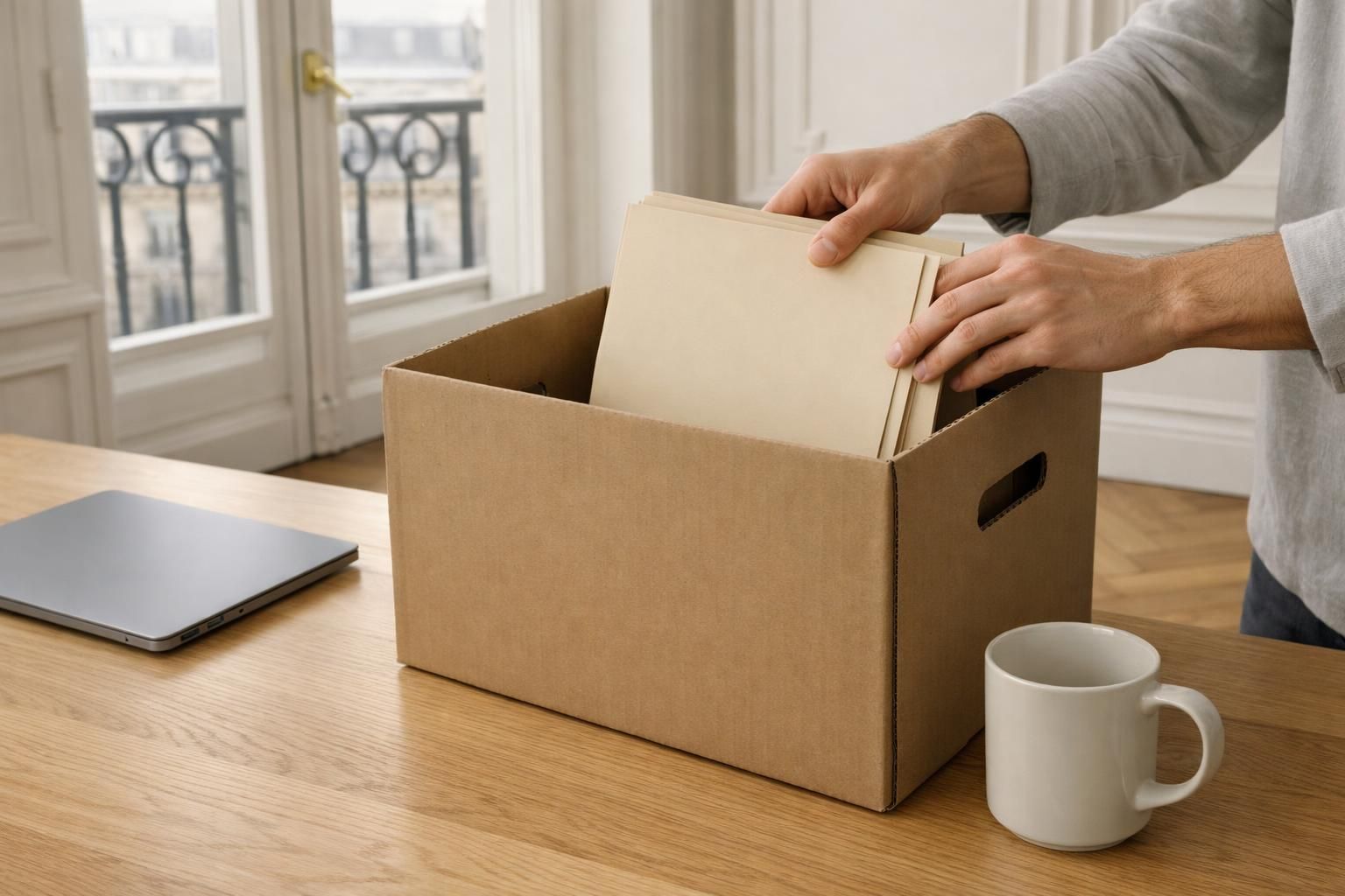 Mains rangeant des dossiers dans un carton d'archives au cabinet