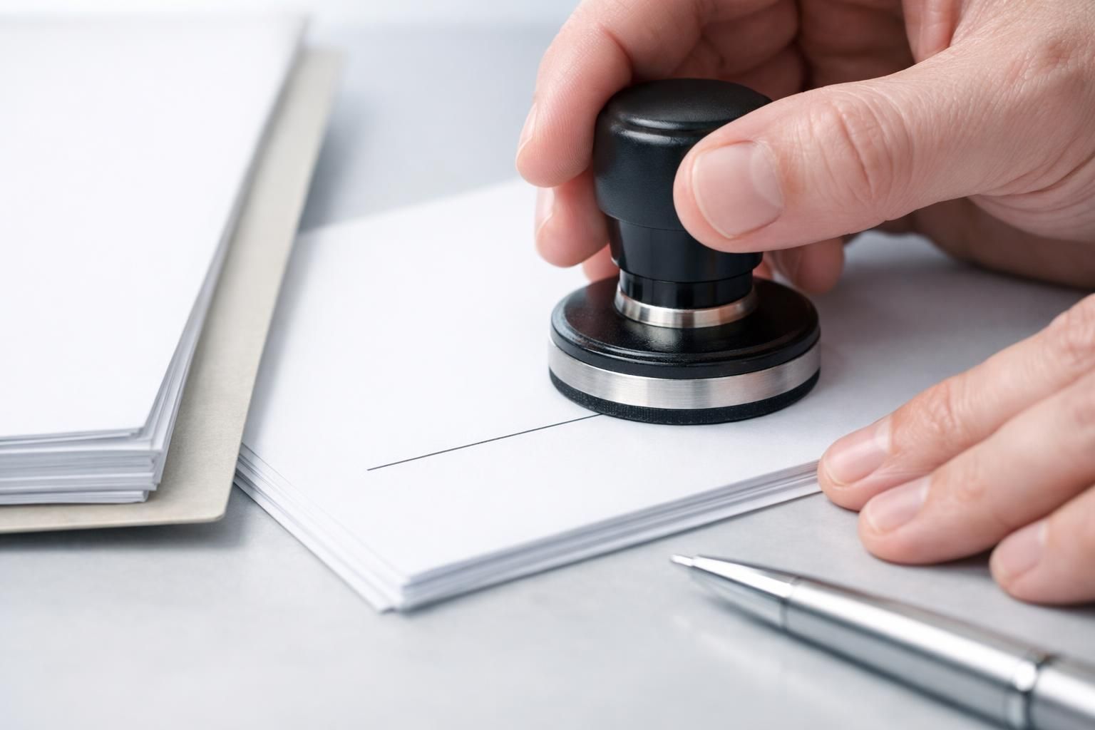 Main apposant un tampon sur un acte d'apport avant signature