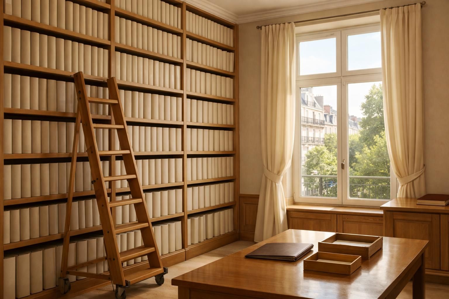 Salle d'archives d'un office notarial avec registres reliés et échelle