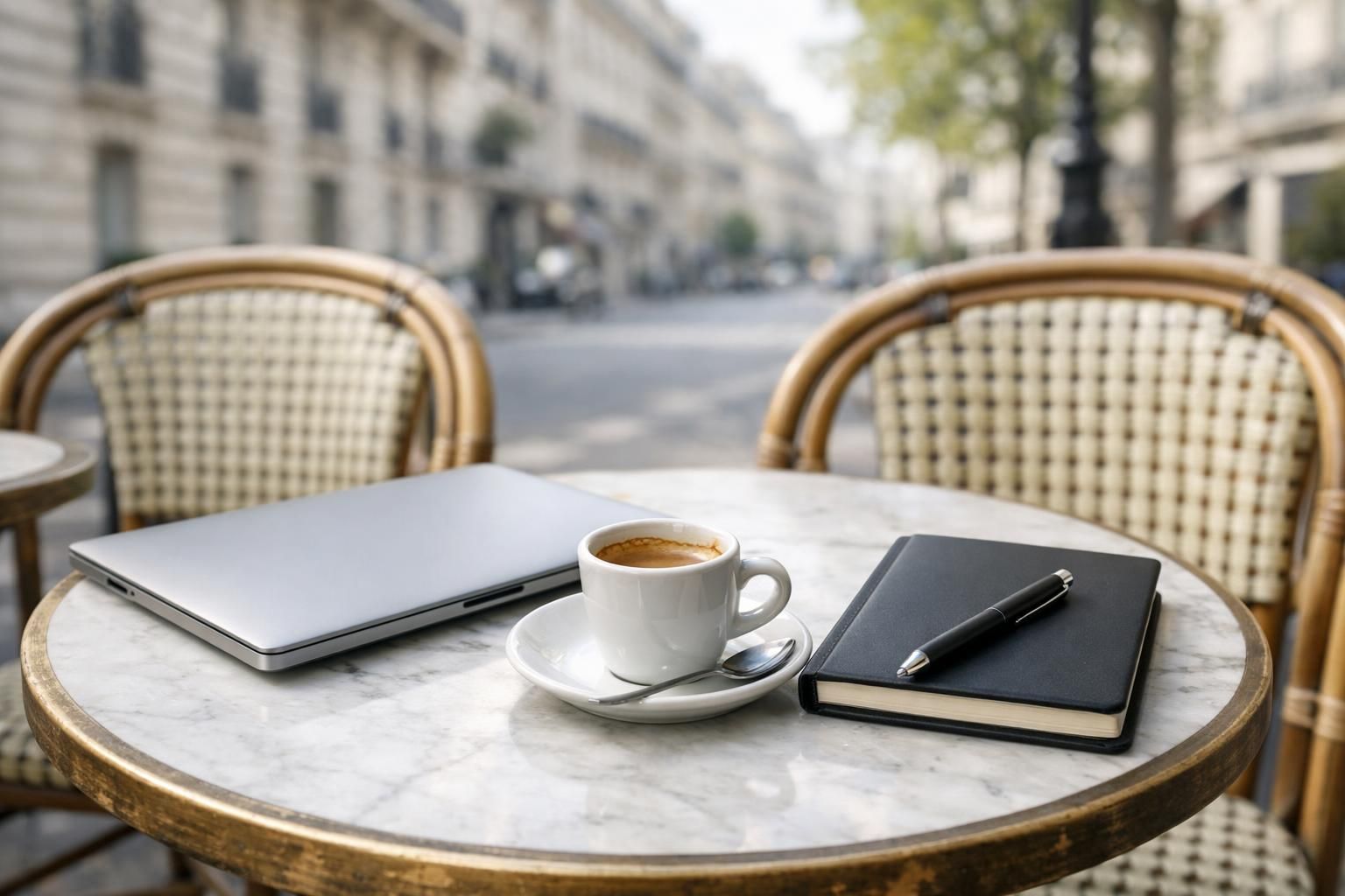 Café, ordinateur fermé et carnet sur une terrasse parisienne le matin
