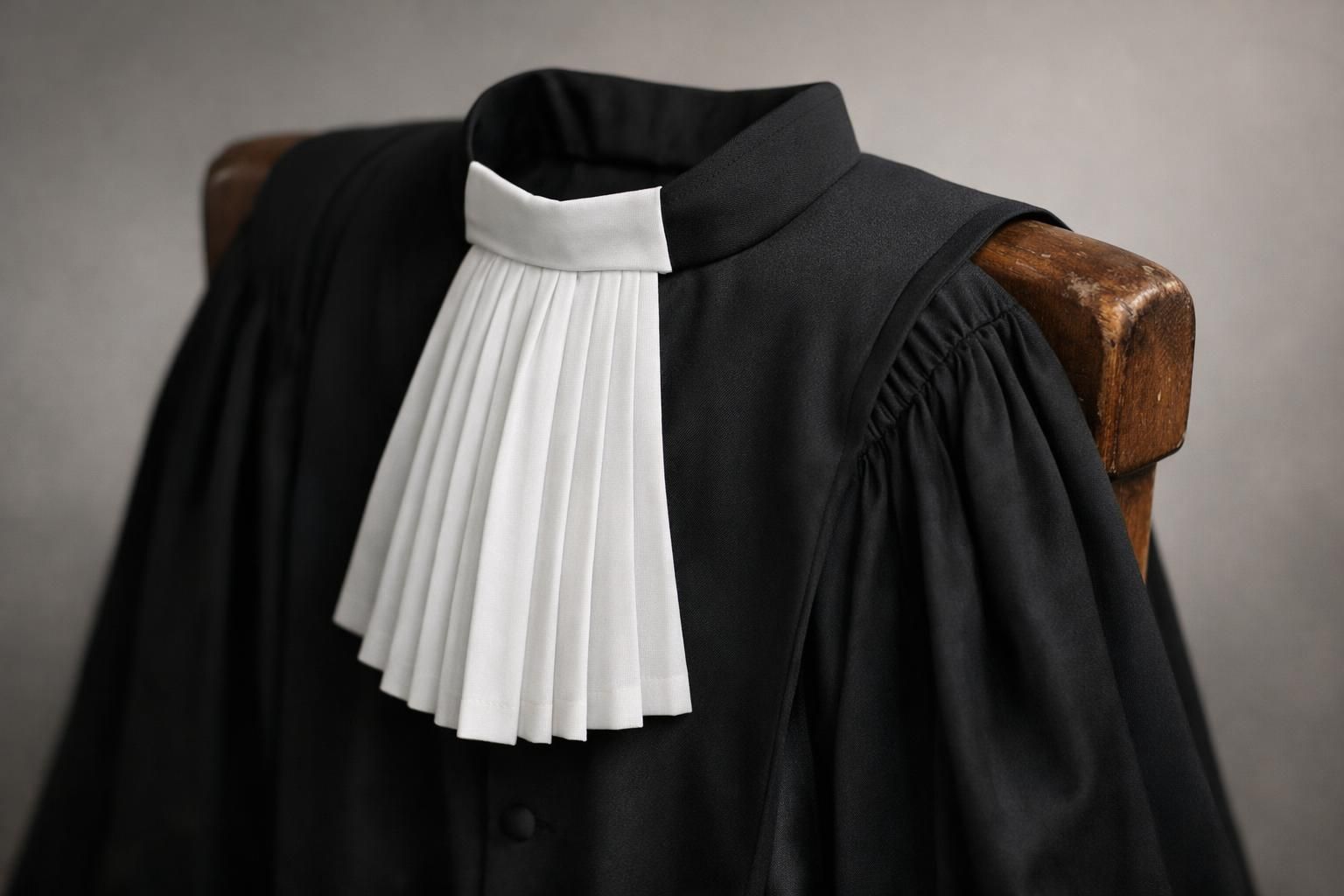 Robe d'avocat noire avec rabat blanc posée sur une chaise