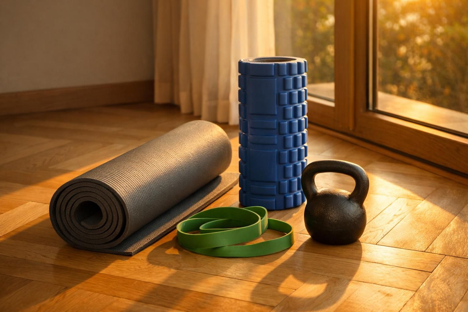 Tapis, rouleau de massage, élastique et kettlebell au soleil couchant