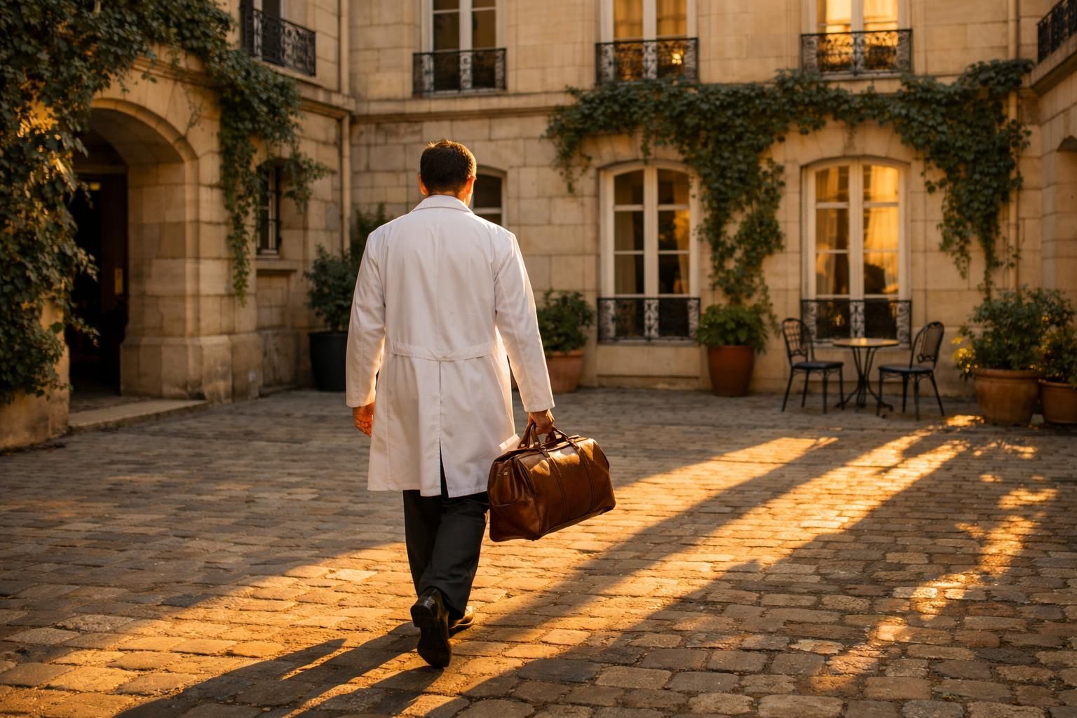 Médecin en blouse traversant une cour pavée parisienne au soleil couchant