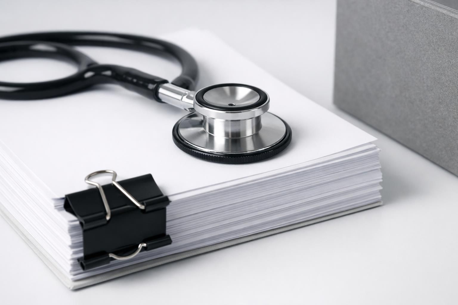 Stéthoscope posé sur une liasse de statuts de société pincée