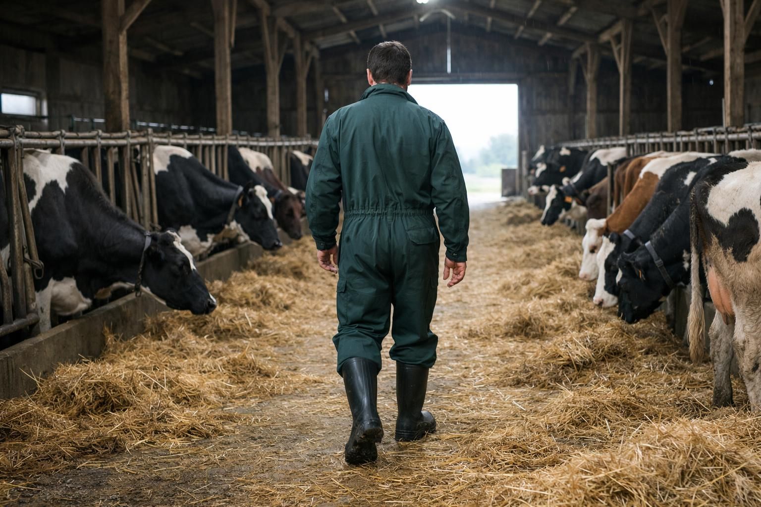 Vétérinaire en combinaison marchant dans une étable entre des vaches laitières