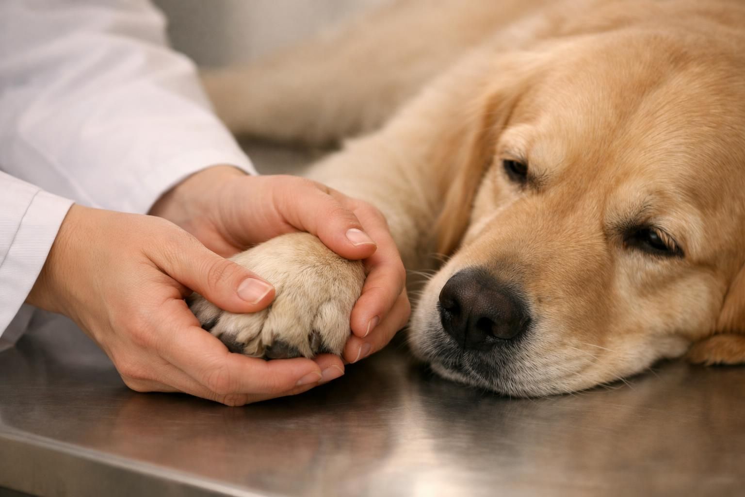 Mains d'un vétérinaire tenant la patte d'un chien sur une table d'examen