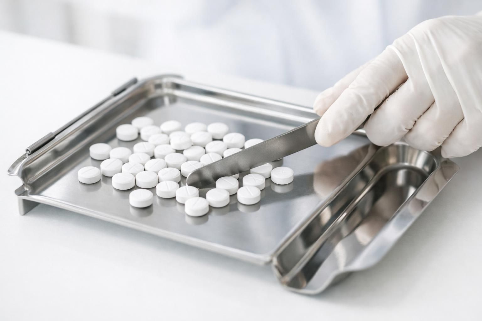 Main gantée d'un pharmacien comptant des comprimés sur un plateau