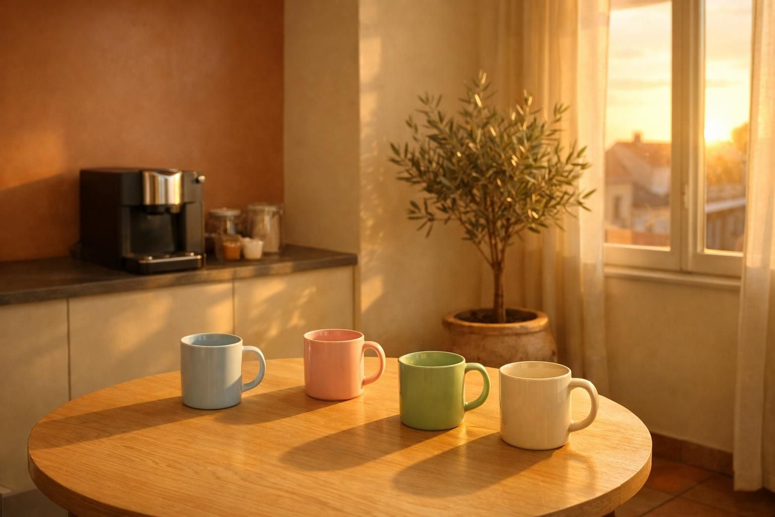 Tasses colorées sur la table d'une salle de pause commune au soleil couchant