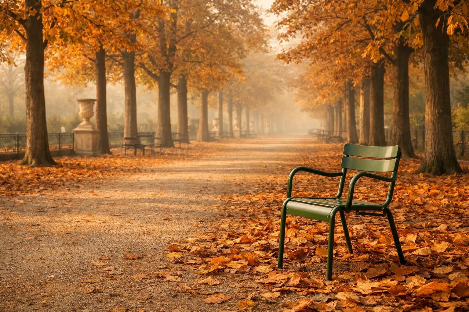 Allée d'un jardin parisien en automne avec une chaise verte