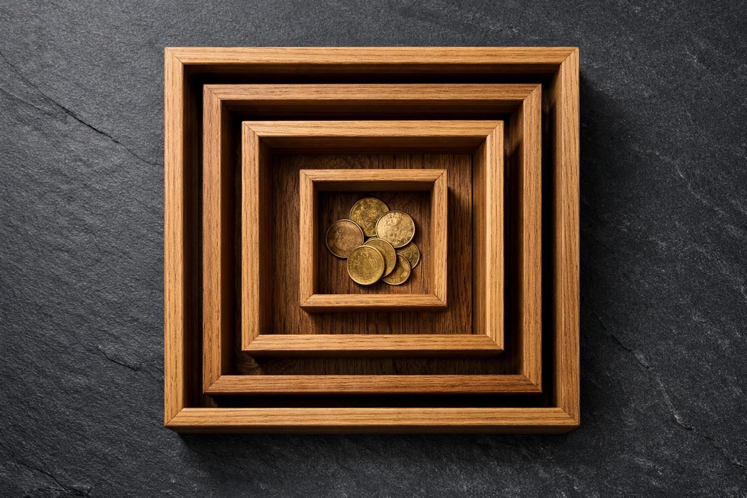 Boîtes en bois emboîtées avec quelques pièces au centre, vue du dessus