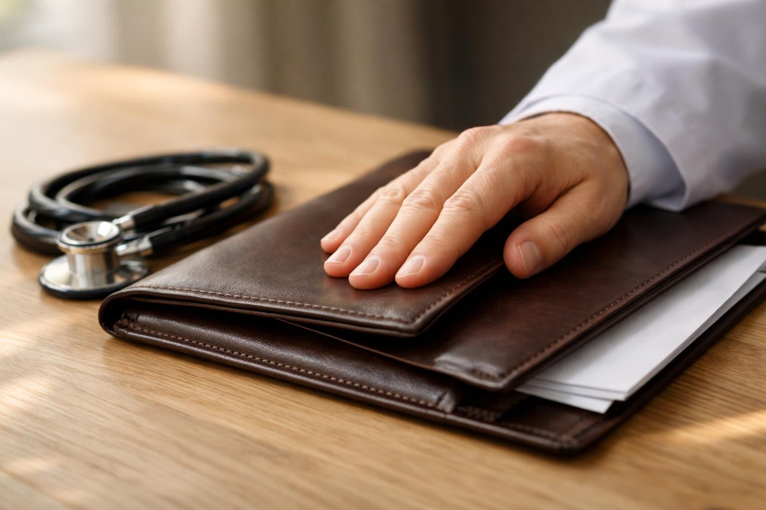 Main d'un médecin posée sur un porte-documents en cuir près d'un stéthoscope