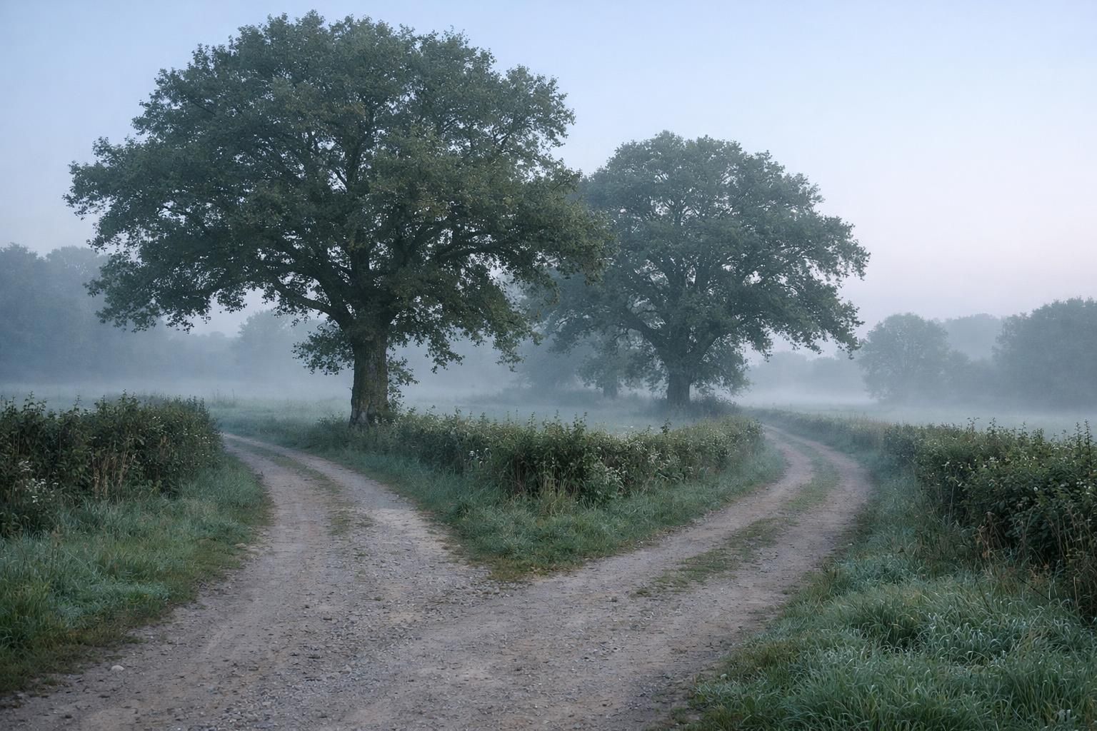 Chemin de campagne qui se divise en deux dans la brume du matin