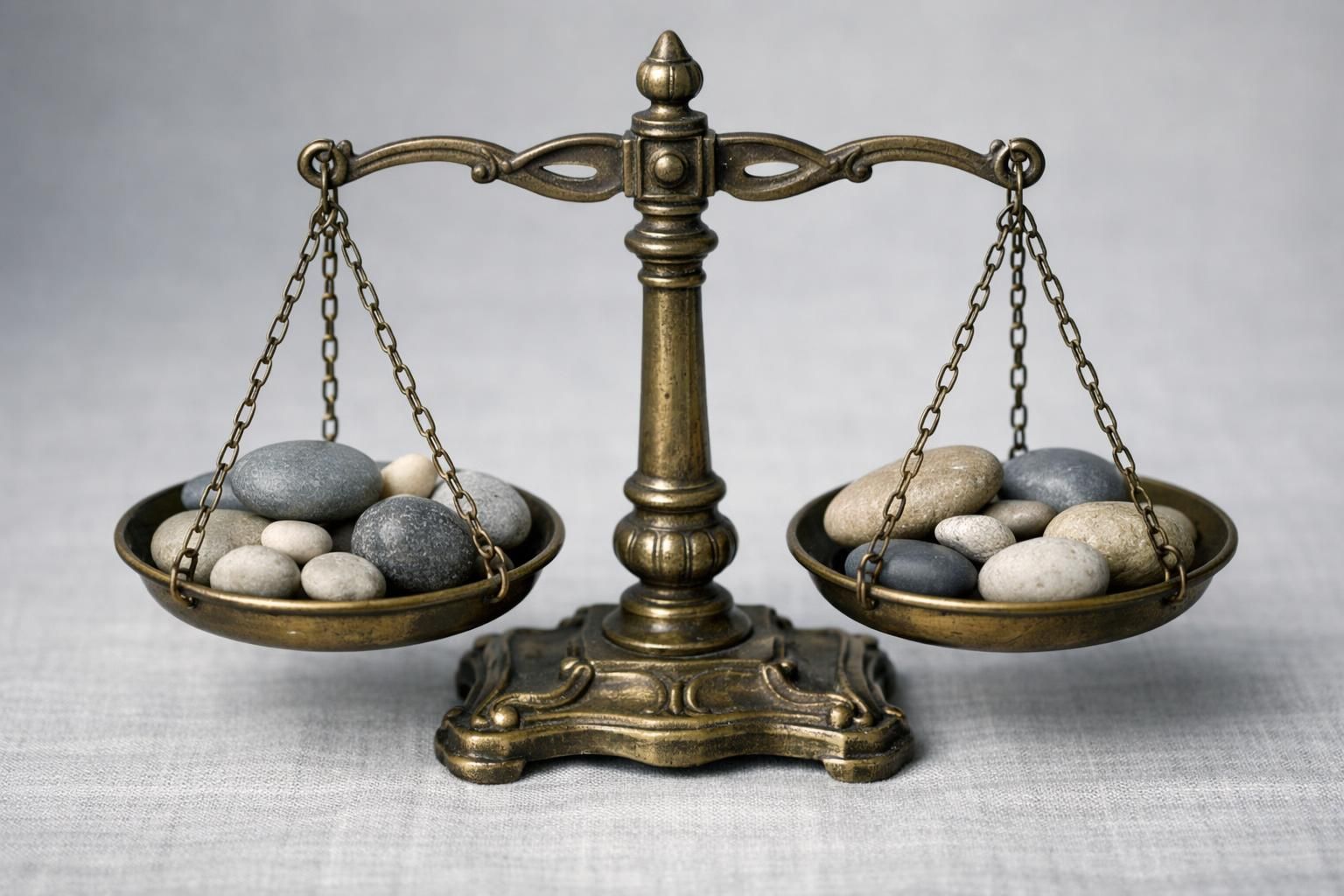 Balance ancienne en laiton portant des galets sur ses deux plateaux